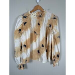 SEA New York Tamara White Cream Tie Dye Long Puff Sleeve Mock Neck Blouse Medium